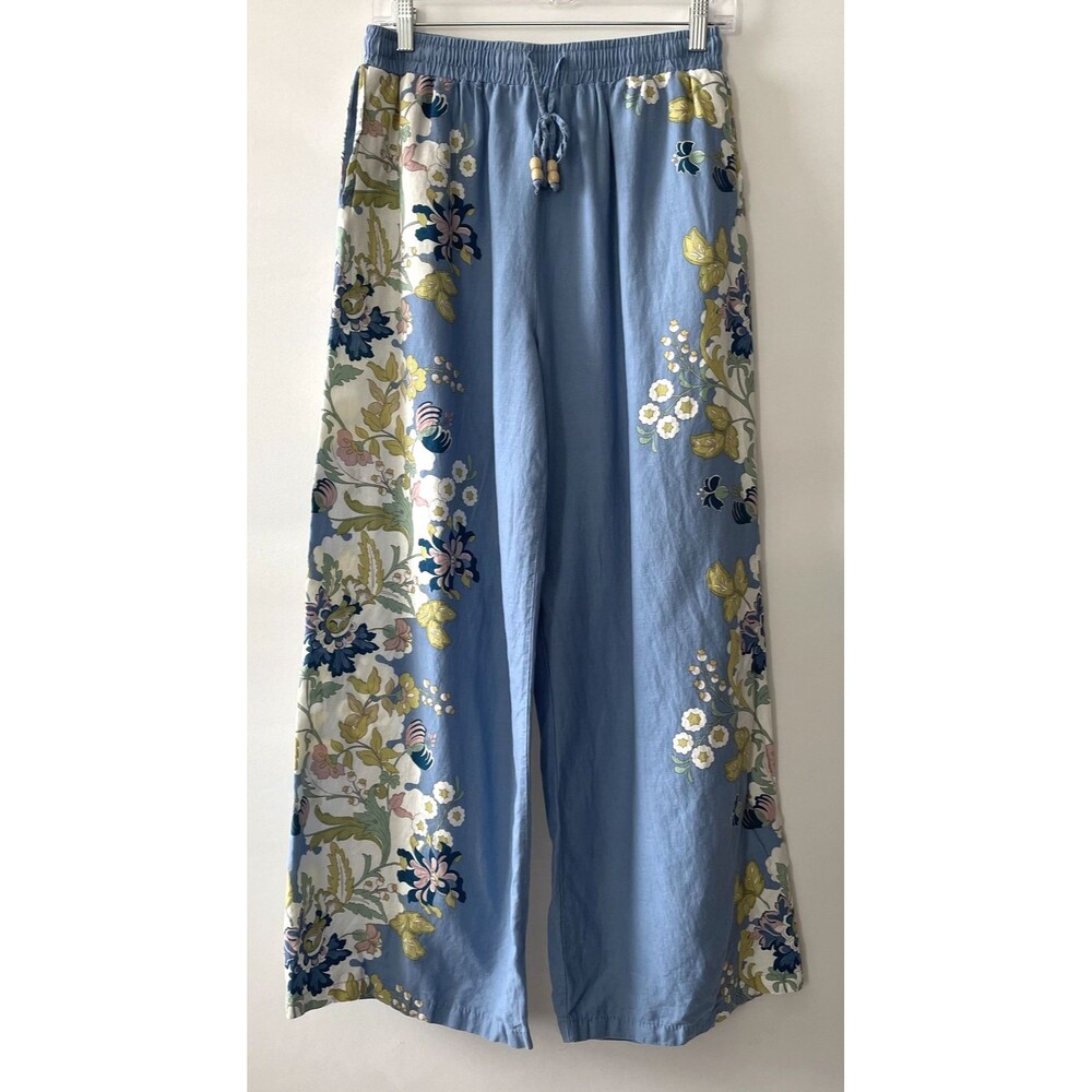 C&C California Wide Leg Floral Print Linen Blend Pants Blue Women Size M-mpv